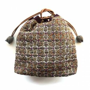 Drawstring Bag with KOKI Weaving Sashiko Hydrangea Half Kit Brown